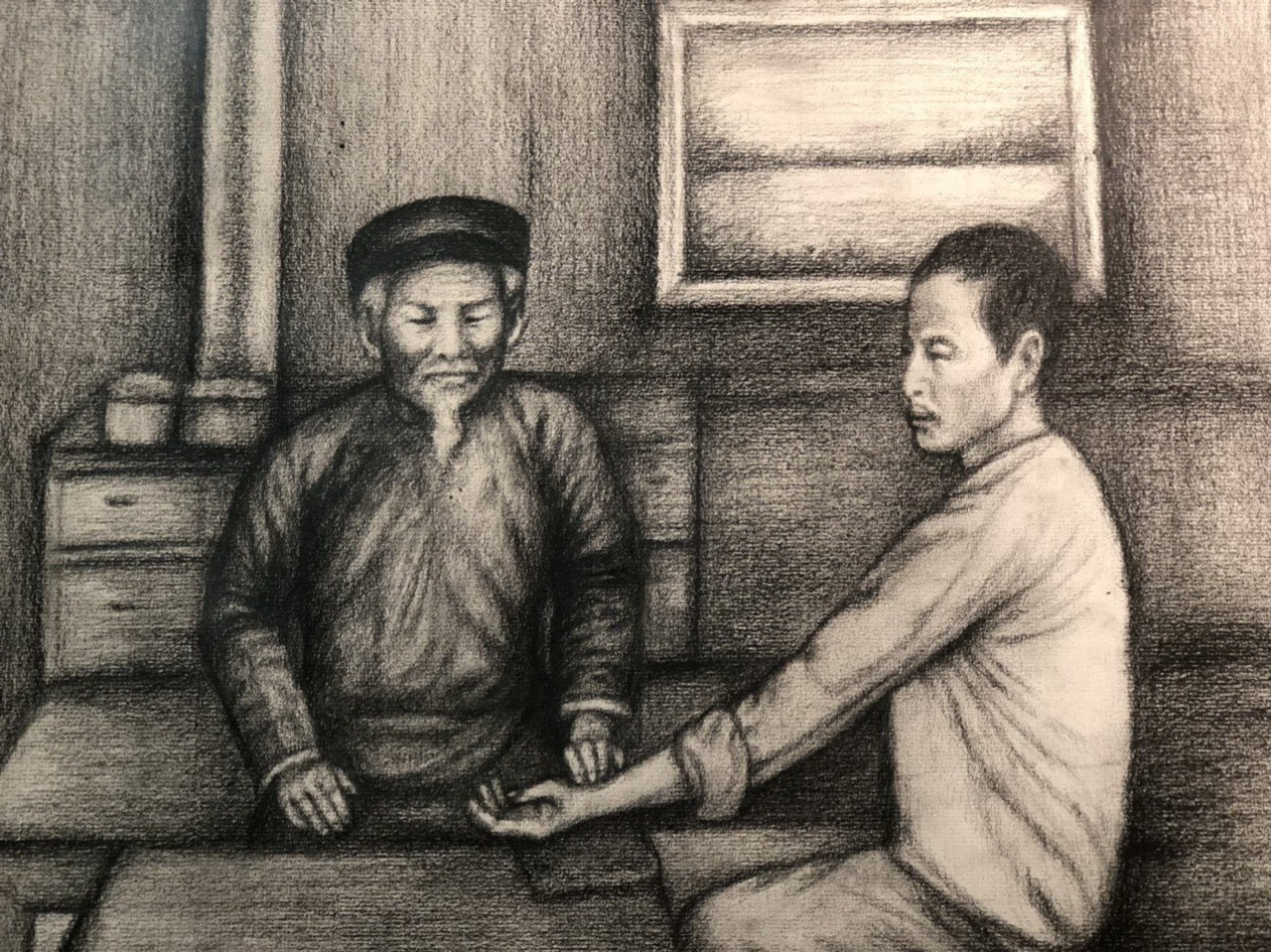 Tranh minh họa Nguyễn Đình Chiểu bắt mạch của Kỷ lục gia thế giới, họa sĩ Đoàn Việt Tiến vẽ năm 2022.