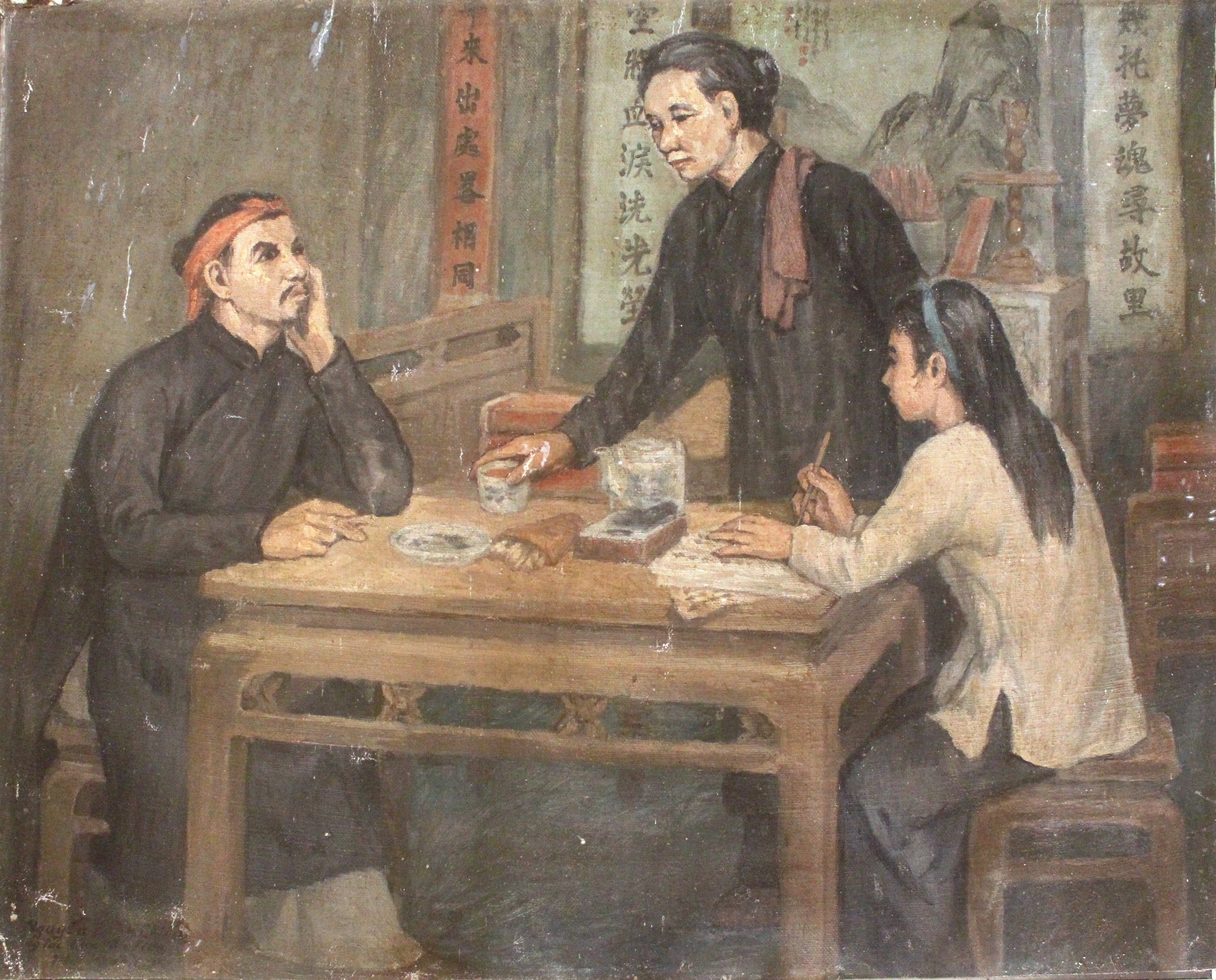 Tranh vẽ "Nguyễn Đình Chiểu sáng tác thơ, Sương Nguyệt Anh ghi chép”, họa sĩ Nguyễn Phi Hoanh vẽ năm 1973. Tranh: (125 cm x 85) cm
